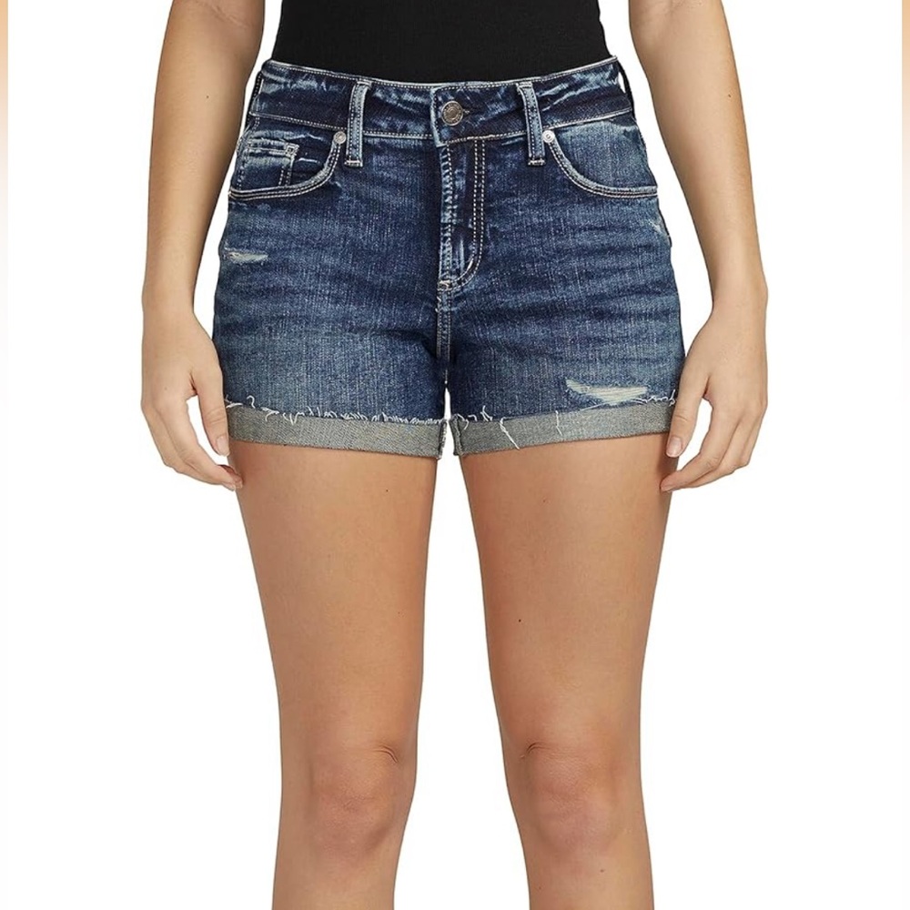 Silver Jeans Co. Suki Mid Rise Denim Shorts, Distressed Dark Indigo, 33 US